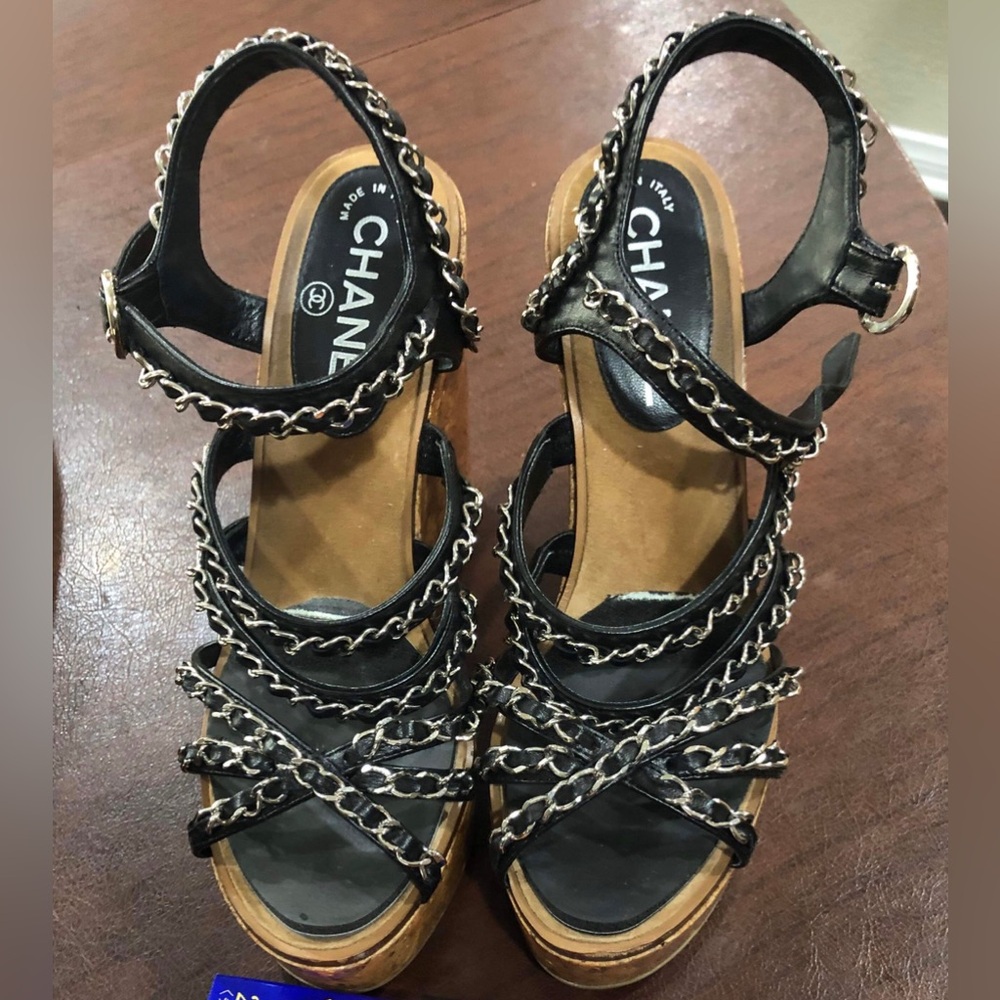 Chanel Leather Strappy Chain Cork Logo Wedge Sandals